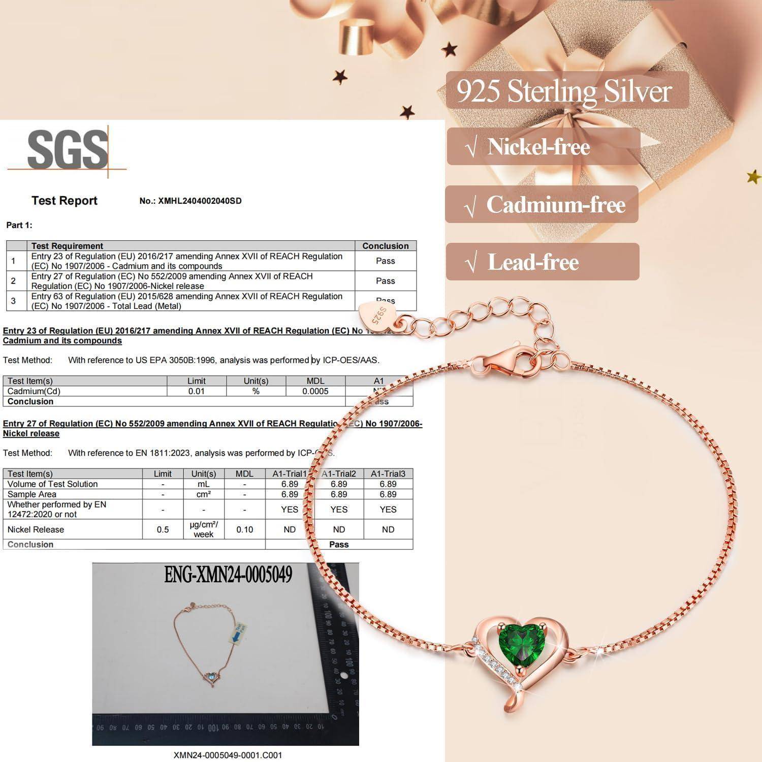 925 Sterling Silber Armband, nickelfrei, bleifrei, cadmiumfrei. SGS-Prüfbericht zeigt Ergebnisse als bestanden.