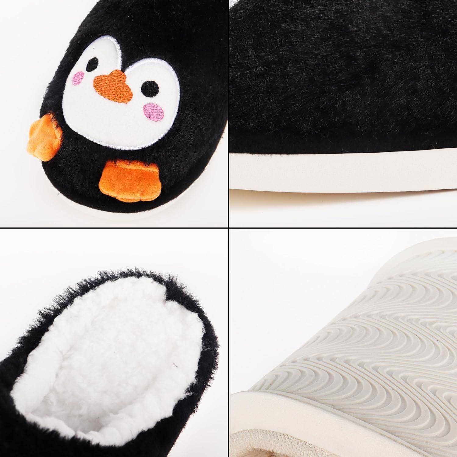 Eine Kollage zeigt einen schwarzen Hausschuh mit einem Pinguin-Design, der orange Füße und ein weißes, flauschiges Innenfutter aufweist, zusammen mit einer Nahaufnahme seiner strukturierten Sohle.