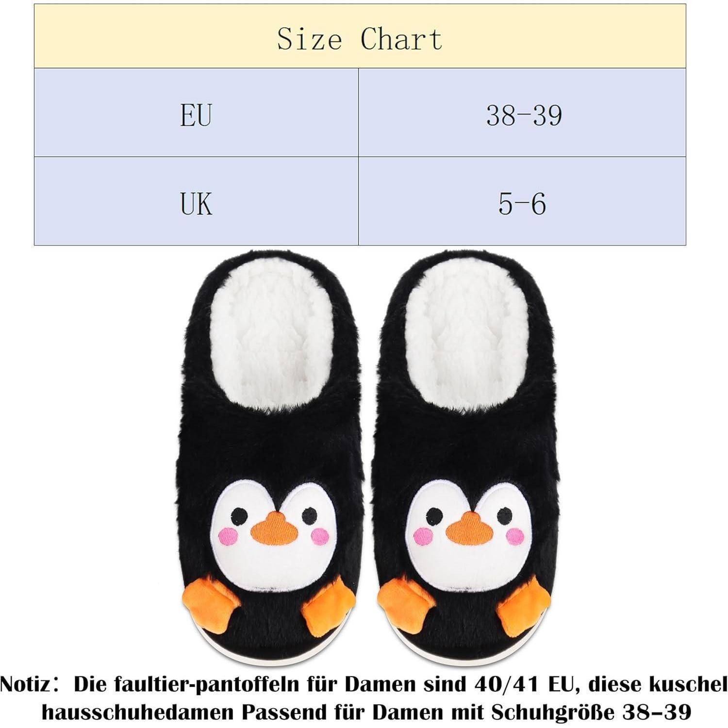 Größentabelle für Hausschuhe: EU 38-39, UK 5-6. Bild zeigt schwarze Hausschuhe mit Pinguin-Gesichtern, geeignet für EU-Größe 38-39.