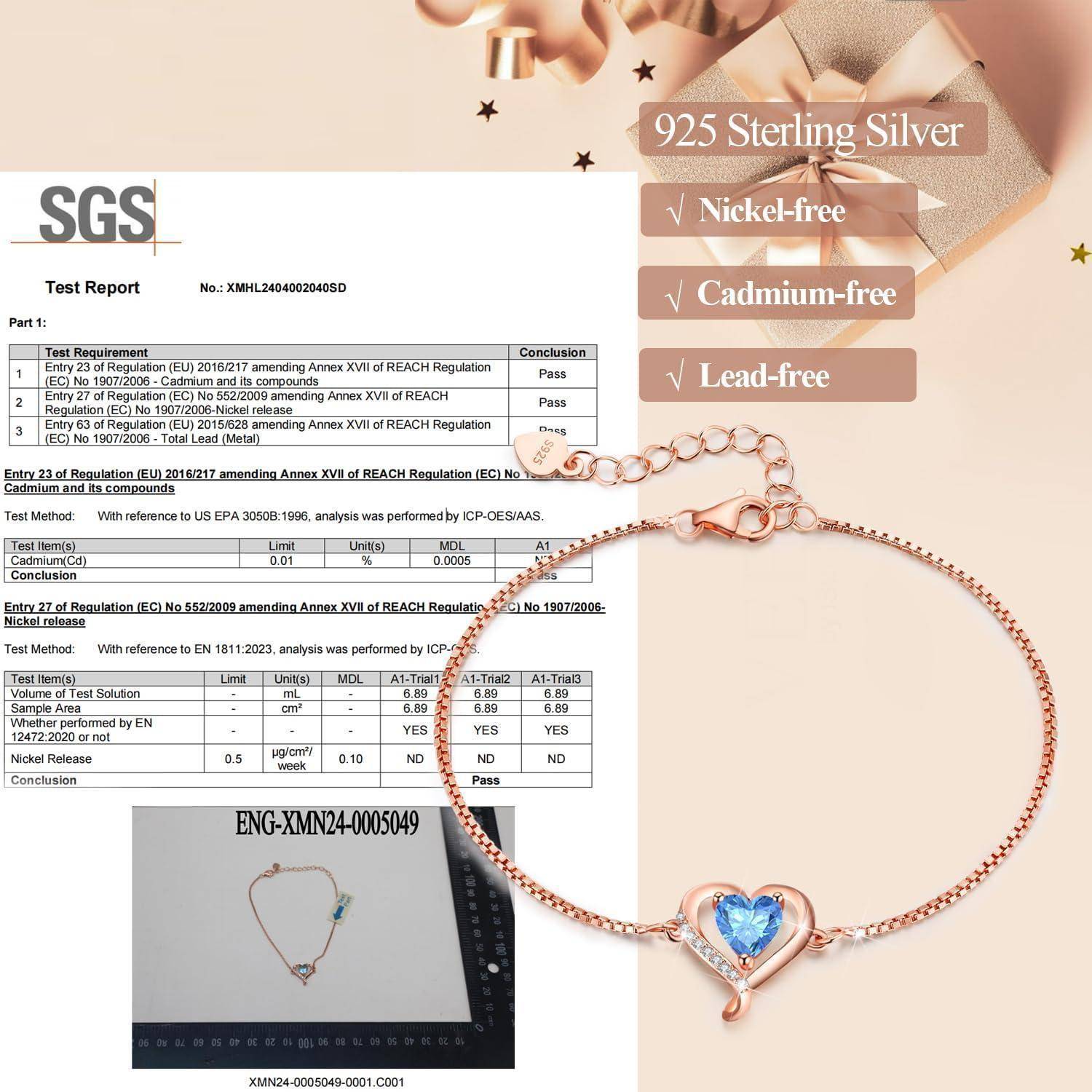 925er Sterlingsilber Armband mit herzförmigem blauen Edelstein, Produktcode 'ENG-XMN24-0005049'. Eigenschaften: nickelfrei, bleifrei, cadmiumfrei. SGS-Prüfbericht belegt Konformität.
