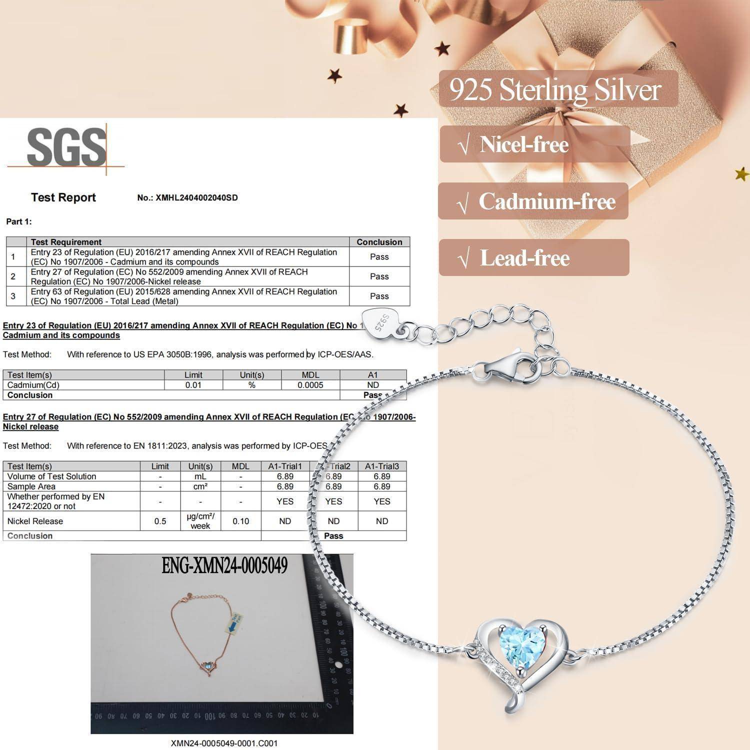 Armband aus '925 Sterlingsilber' mit herzförmigem blauen Stein, behauptet nickel-, cadmium- und bleifrei zu sein, SGS-Prüfbericht wird vorgezeigt.