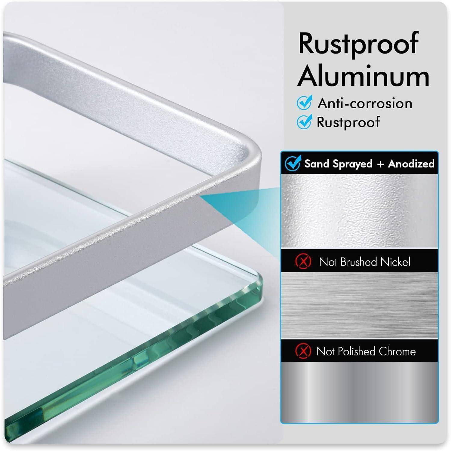 Korrosionsbeständiges Aluminium' mit Häkchen neben 'Korrosionsschutz' und 'Rostfrei'. Bild zeigt Eloxalfinish und vermerkt 'Nicht gebürstetes Nickel' und 'Nicht poliertes Chrom'.