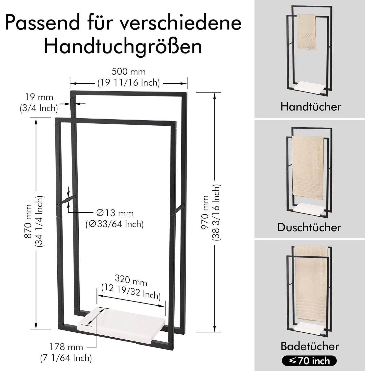 Handtuchständer kompatibel mit verschiedenen Handtuchgrößen: Handtücher, Duschtücher und Badetücher. Abmessungen in Millimetern und Zoll angegeben.