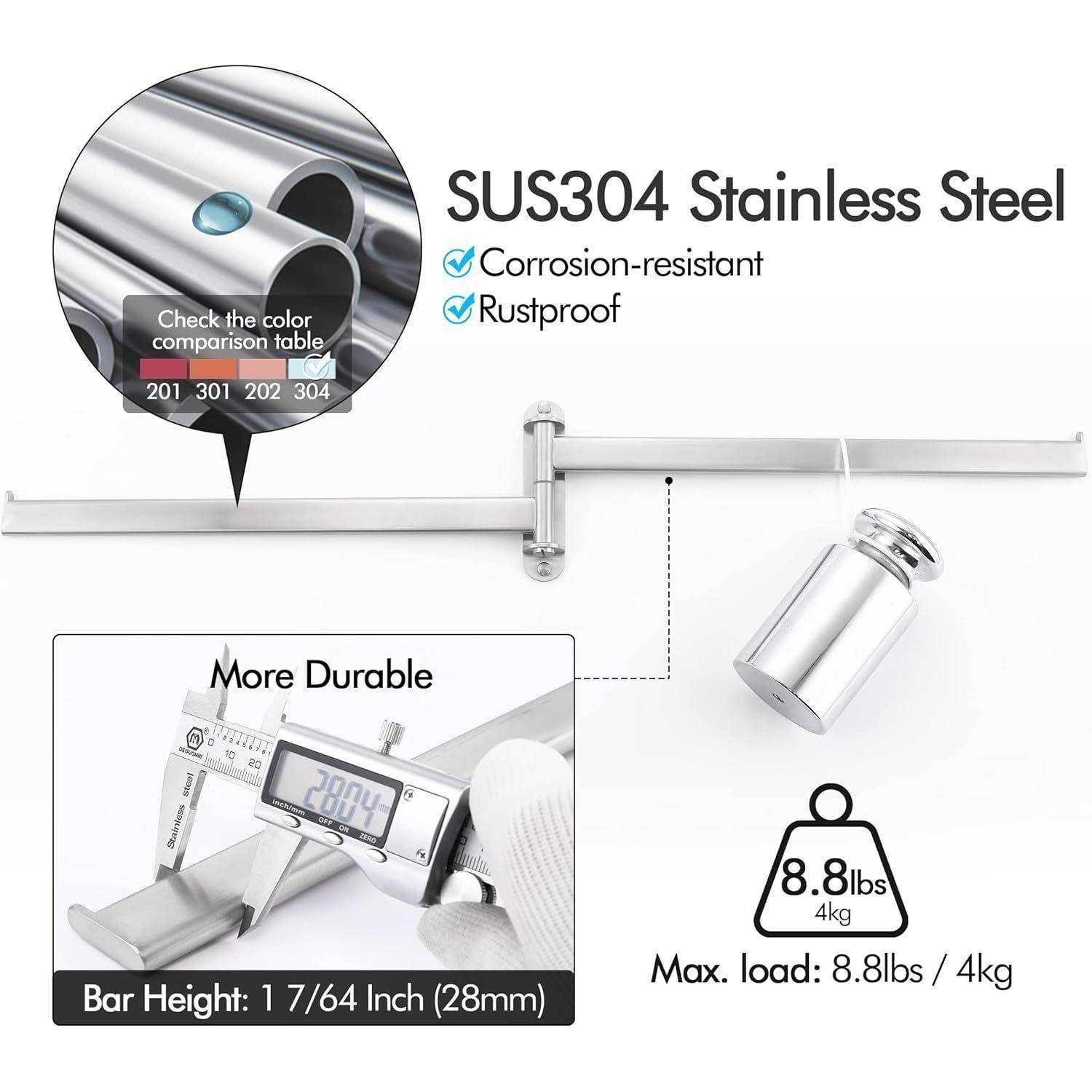 SUS304 Edelstahl: Korrosionsbeständig, rostfrei. Balkenhöhe: 1 7/64 Zoll (28 mm). Maximale Belastung: 8,8 lbs/4 kg. Besonders langlebig.