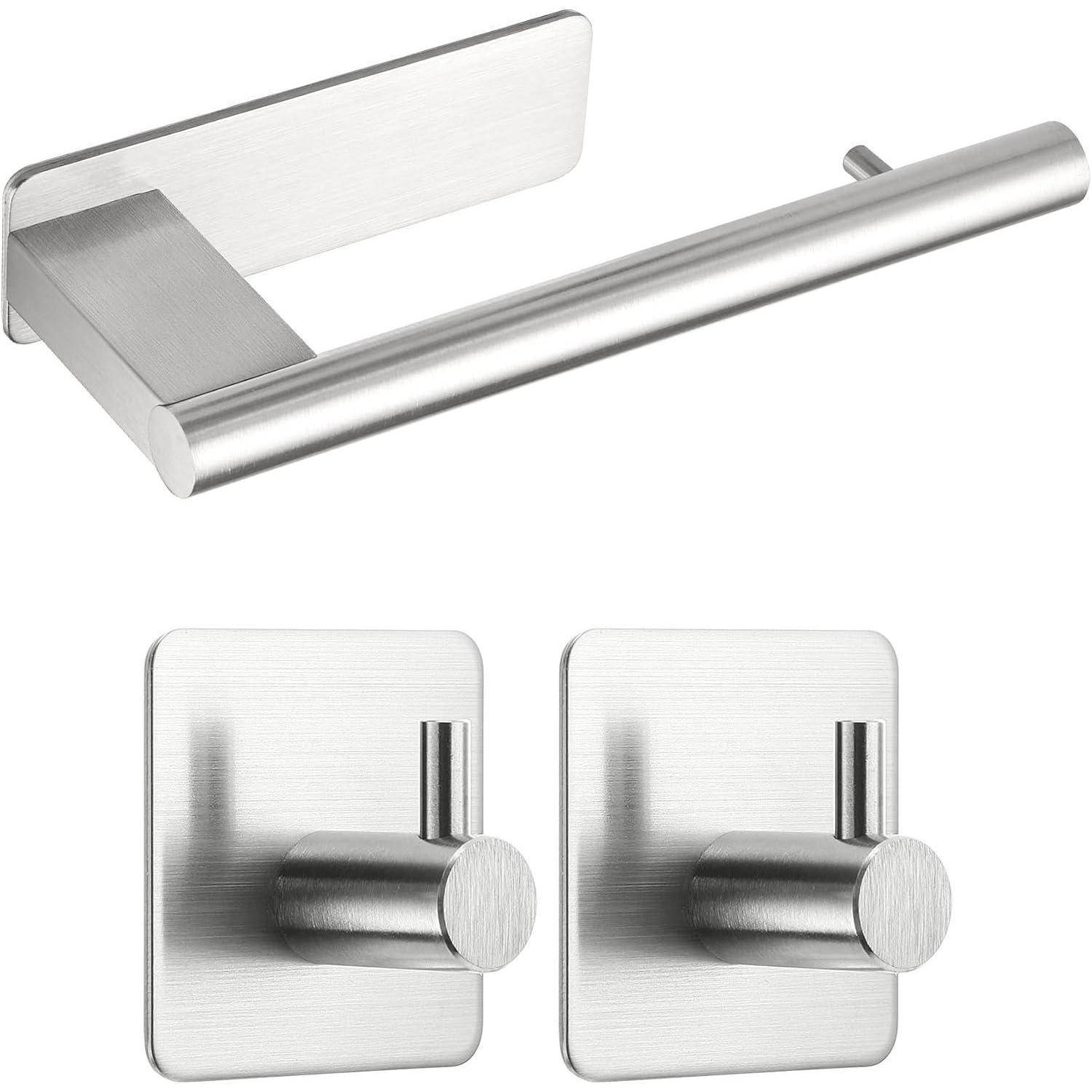 Wandmontierter Edelstahl-Toilettenpapierhalter und zwei passende quadratische Wandhaken. Schlichtes, modernes Design für die Badezimmerorganisation.