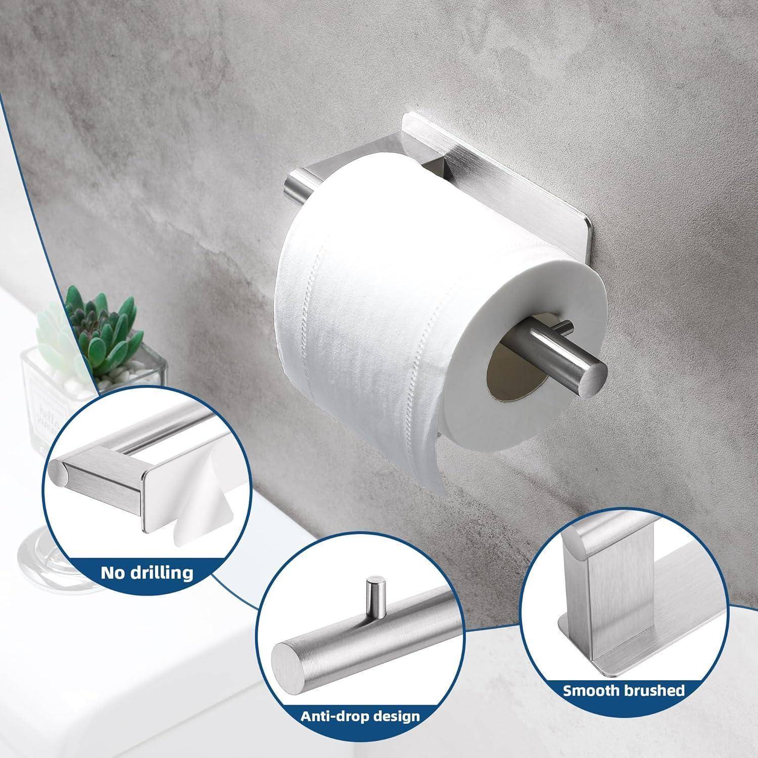 Ein wandmontierter Toilettenpapierhalter mit einer Papierrolle, der die Merkmale 