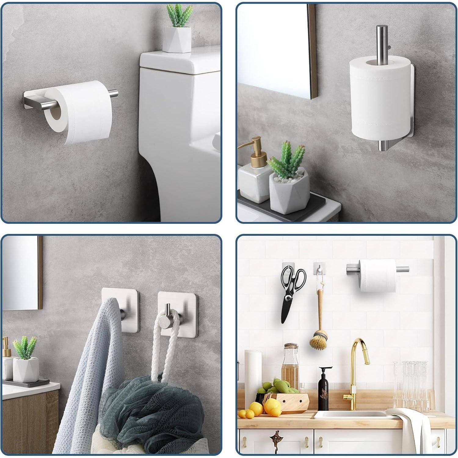 Verschiedene Toilettenpapierhalter und eine Papierhandtuchstange werden in modernen Badezimmer- und Küchensettings präsentiert, wobei Design und Funktionalität hervorgehoben werden.