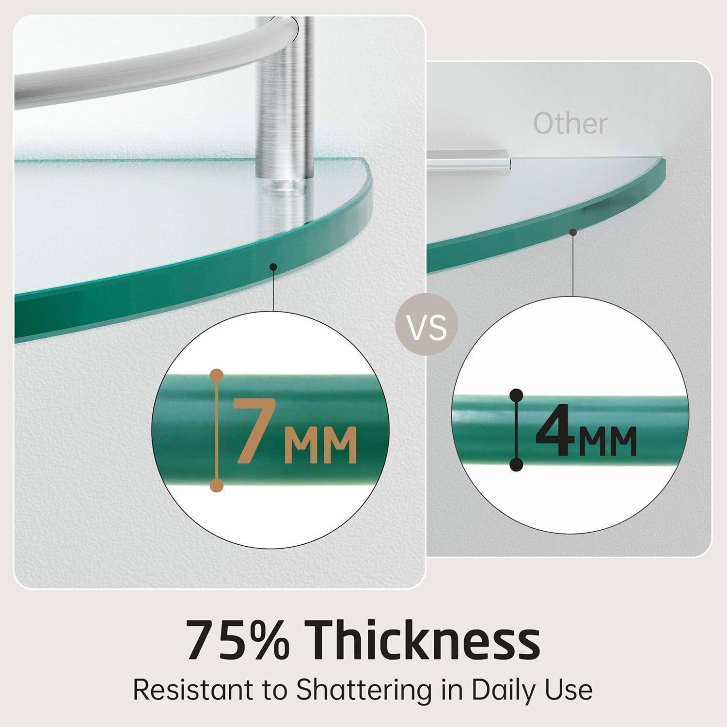 Das Bild vergleicht zwei Glasdicken: 7 mm versus 4 mm und hebt hervor, dass 7 mm 75% dicker ist und im täglichen Gebrauch bruchfester ist.