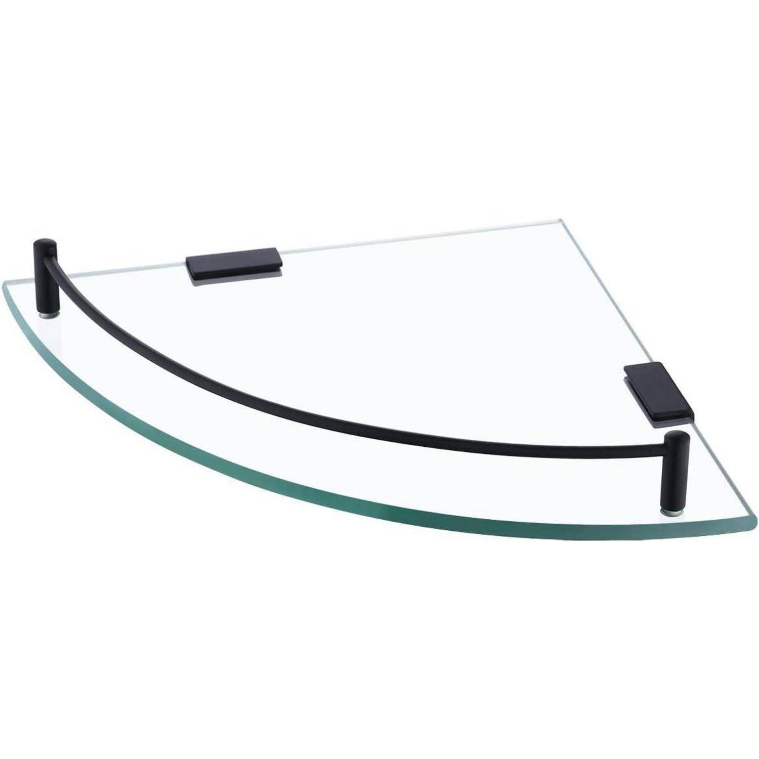Ein Glasregal für die Ecke mit schwarzen Metallhalterungen, das ein geschwungenes Design aufweist und sich für die Aufbewahrung im Badezimmer oder in der Küche eignet.