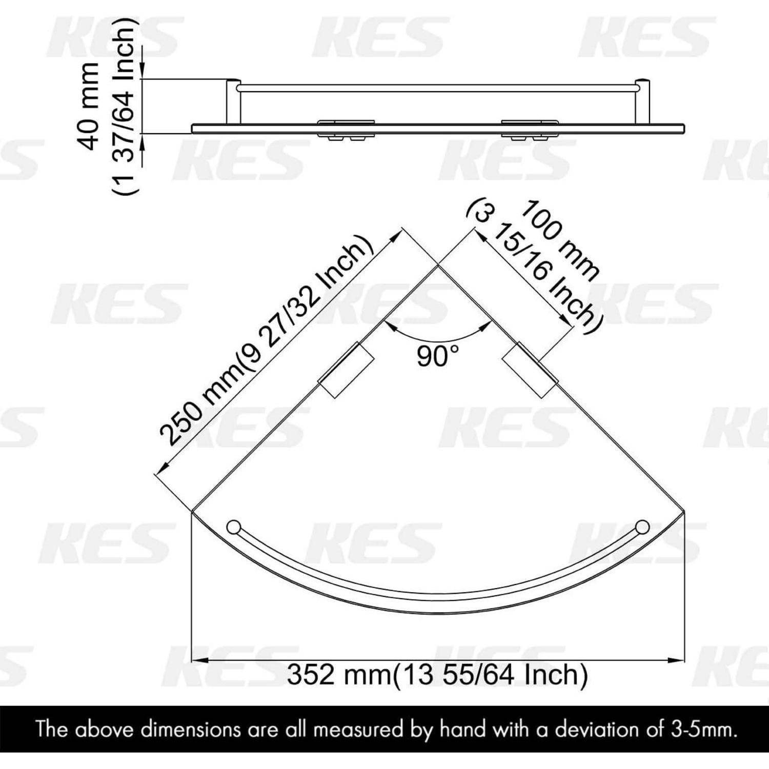 Diagramm eines wandmontiertem Regals mit Abmessungen: 352 mm Breite, 250 mm Tiefe. Hinweis: 90°-Winkelhalterung. Toleranz: 3-5 mm.