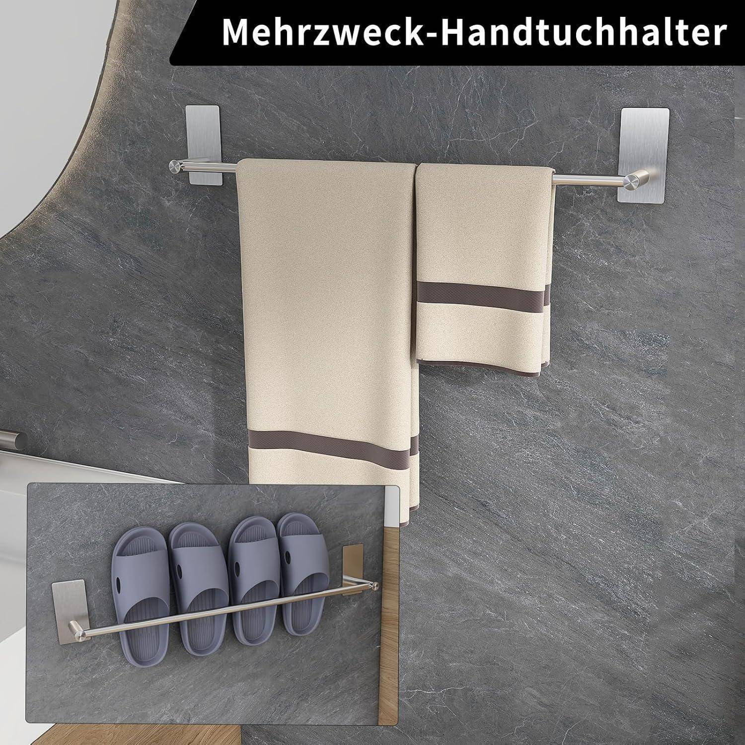 Ein Mehrzweck-Handtuchhalter an der Wand befestigt, der beige Handtücher mit braunen Streifen hält. Eine Einblendung zeigt, wie er zum Aufhängen von vier Paaren Hausschuhen verwendet wird. Text: 'Mehrzweck-Handtuchhalter'.