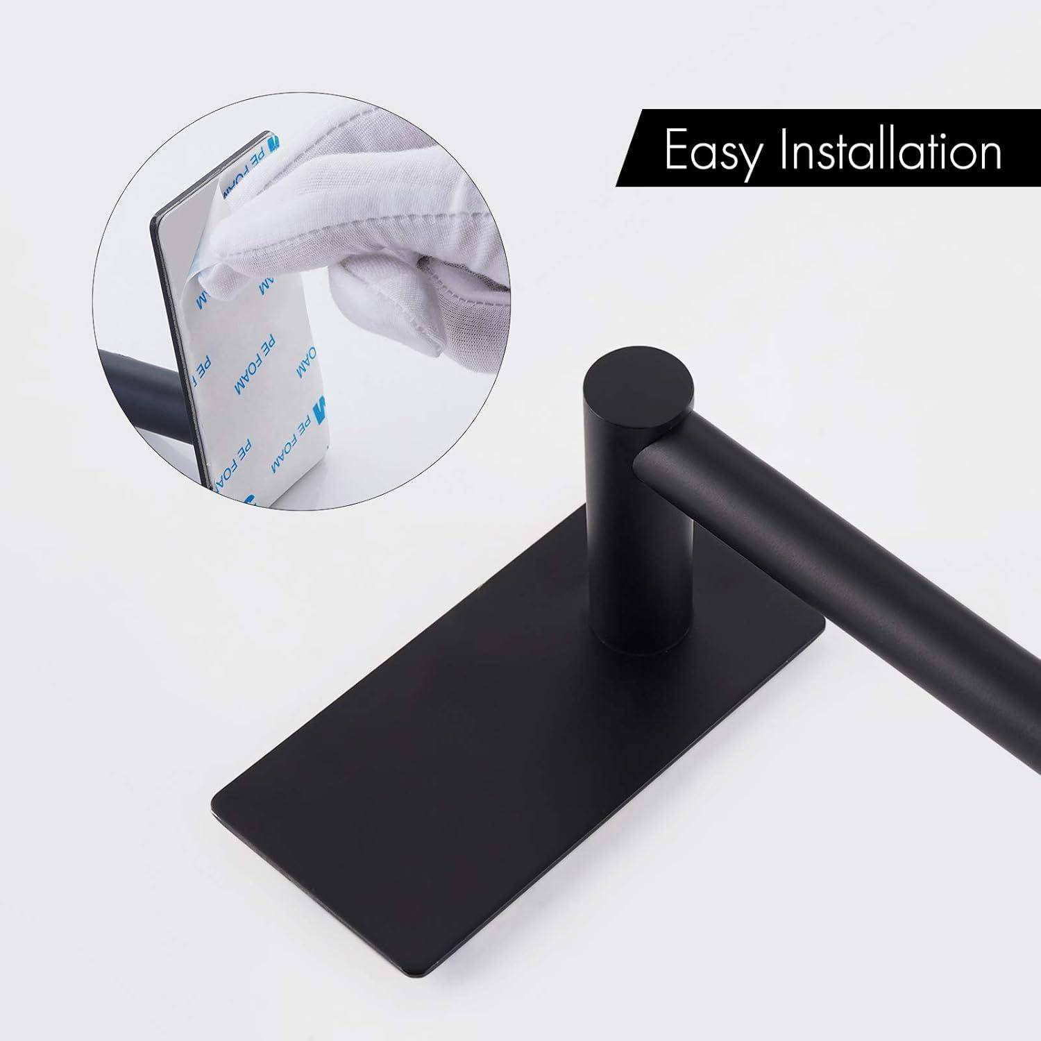 Handtuchstangeninstallation: Eine schwarze Handtuchstange mit Klebebeschichtung, die an einer Wand angebracht wird. Text lautet: 