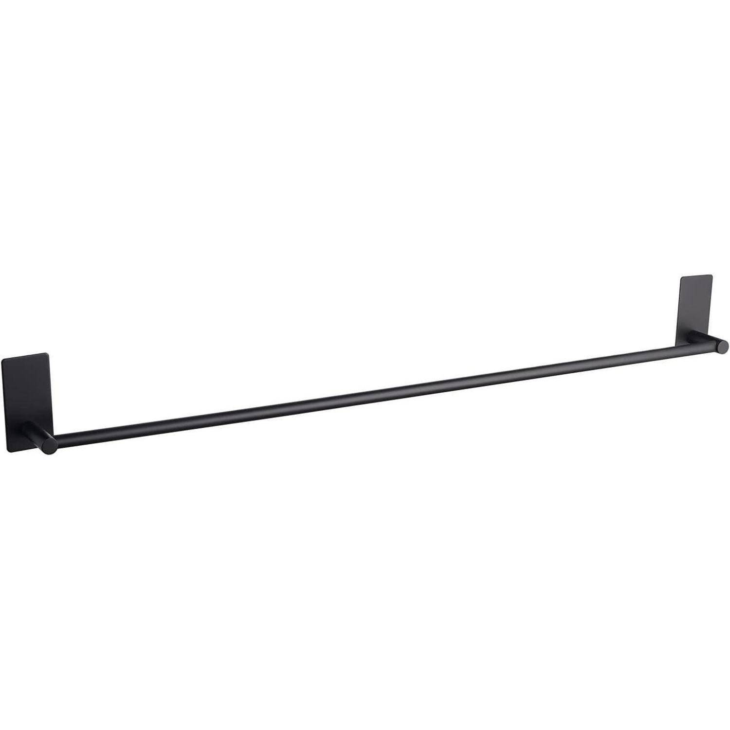 Eine elegante, moderne schwarze Handtuchstange mit minimalistischem Design, ausgestattet mit zwei quadratischen Wandhalterungen.