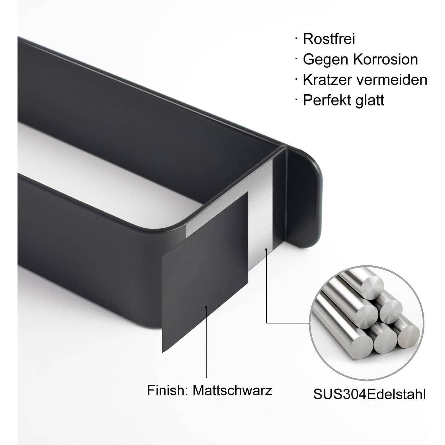 Ein rechteckiges schwarzes Metalltablett mit einer Nahaufnahme von Edelstahlstäben. Textliche Hervorhebungen der Merkmale: ‚Rostfrei', ‚Gegen Korrosion', ‚Kratzer vermeiden', ‚Perfekt glatt'. Finish: ‚Mattschwarz'. Material: ‚SUS304 Edelstahl'.