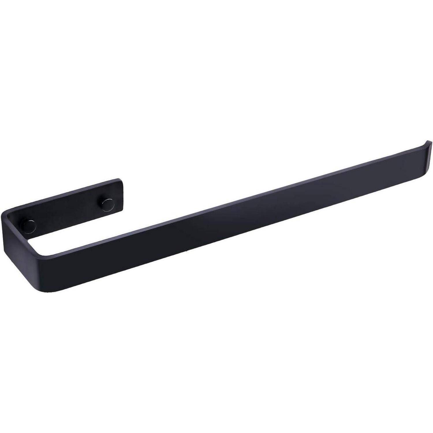 Eine schlanke, moderne Handtuchstange aus schwarzem Metall mit rechteckiger Form, an einer Wand montiert.