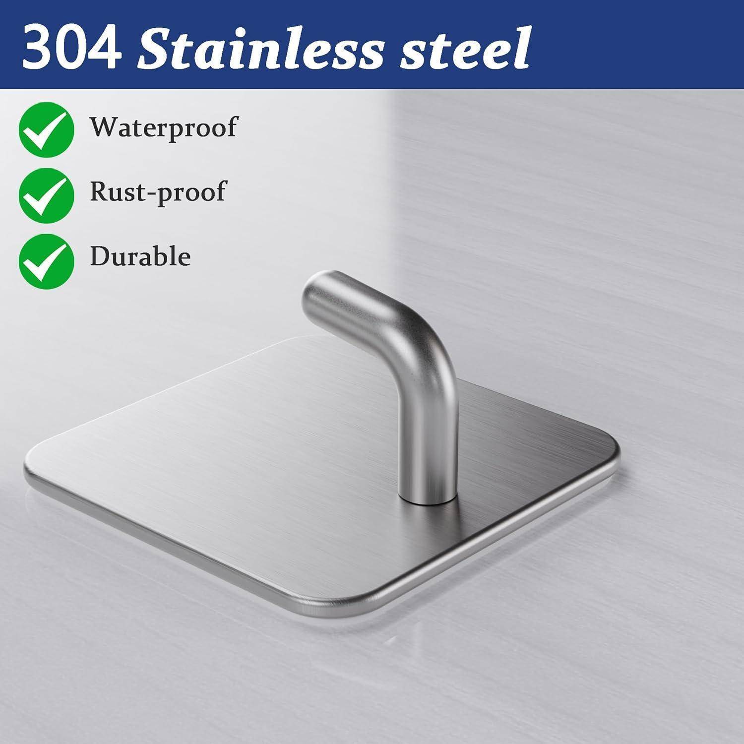 Metallhaken auf einer flachen Basis mit Text '304 Edelstahl', 'Wasserdicht', 'Rostbeständig', 'Langlebig', die Produktmerkmale hervorheben.