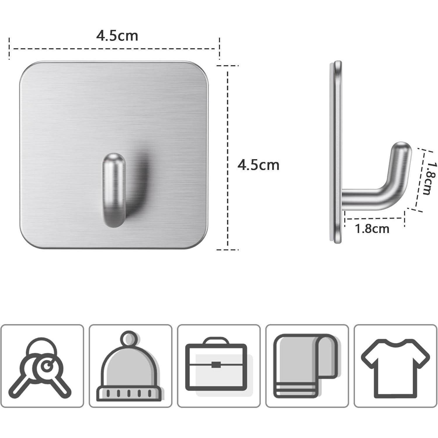 Ein quadratischer Metall-Klebehaken, 4,5 cm x 4,5 cm, mit einem vorstehenden Haken von 1,8 cm. Die Symbole deuten auf die Verwendung für Schlüssel, Hüte, Taschen, Handtücher, Kleidung hin.