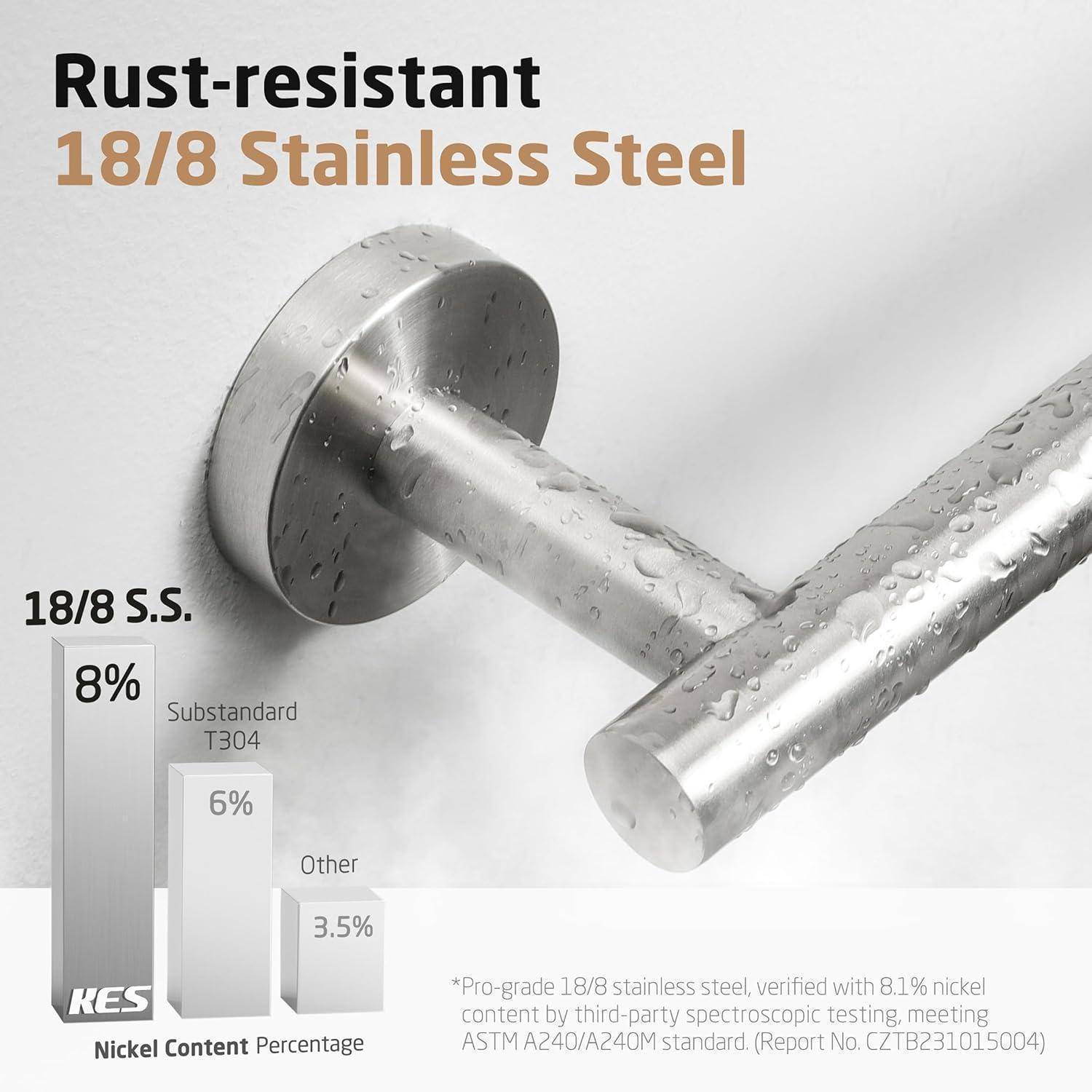 Rostbeständiger 18/8 Edelstahl. Abbildung zeigt einen eleganten metallischen Griff mit Wassertropfen. Text gibt einen Nickelgehalt von 8% für Haltbarkeit an.