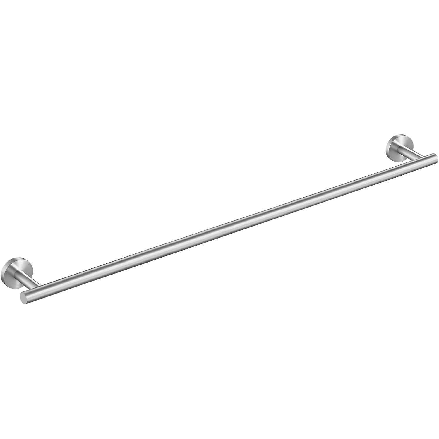 Eine Chrom-Handtuchstange mit einem schlanken, minimalistischen Design, montiert auf zwei runden Halterungen.