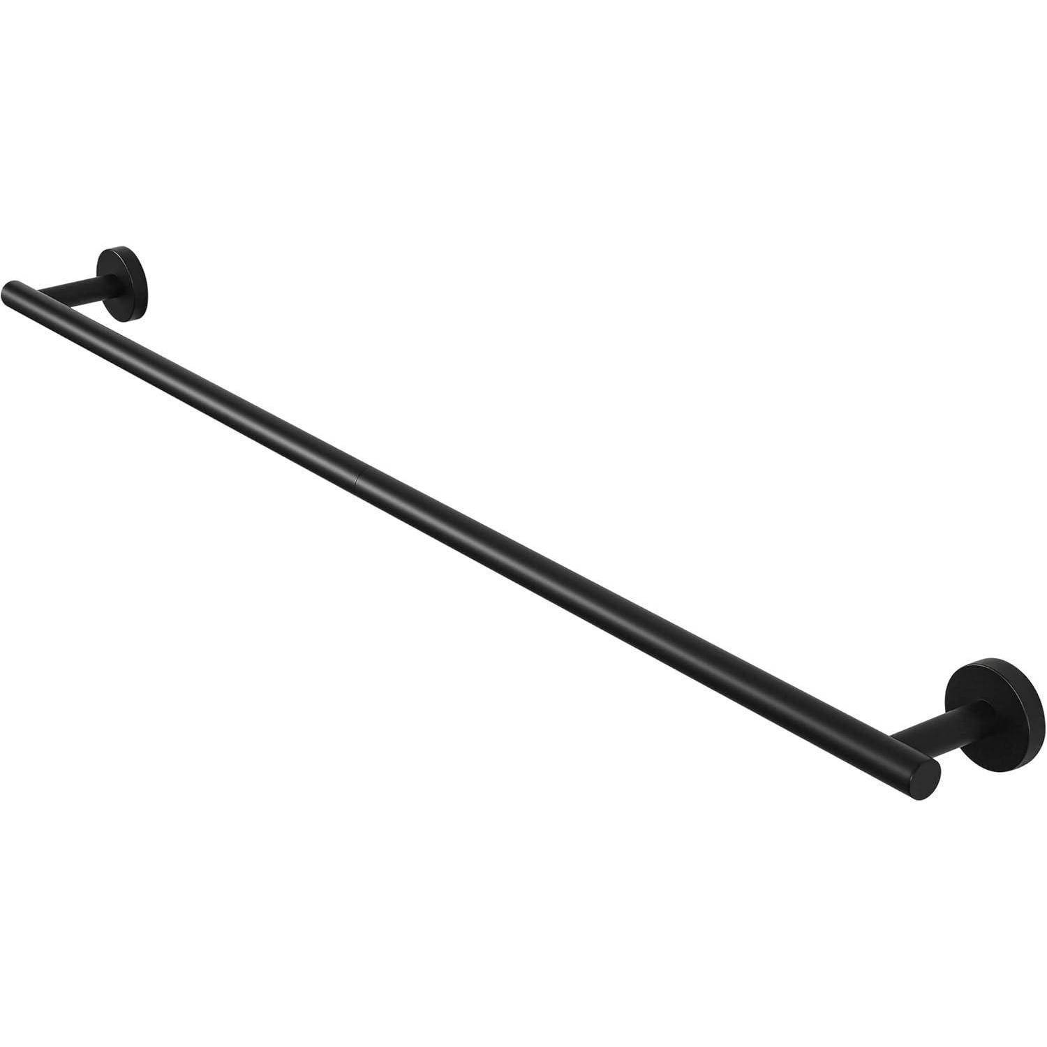 Eine schwarze Handtuchstange aus Metall mit zwei runden Wandhalterungen, für den Badezimmergebrauch konzipiert, erstreckt sich horizontal.