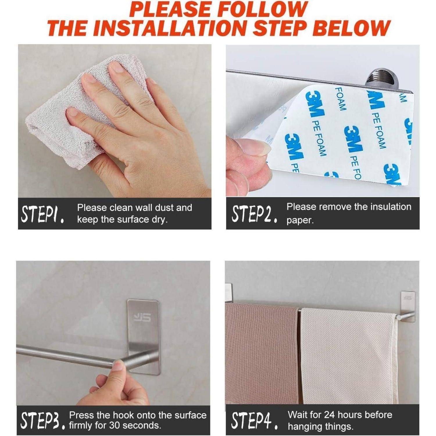 Installationsschritte für einen Haken: 1. Wand reinigen; 2. Schutzpapier entfernen; 3. Haken 30 Sekunden lang andrücken; 4. 24 Stunden vor der Verwendung warten.