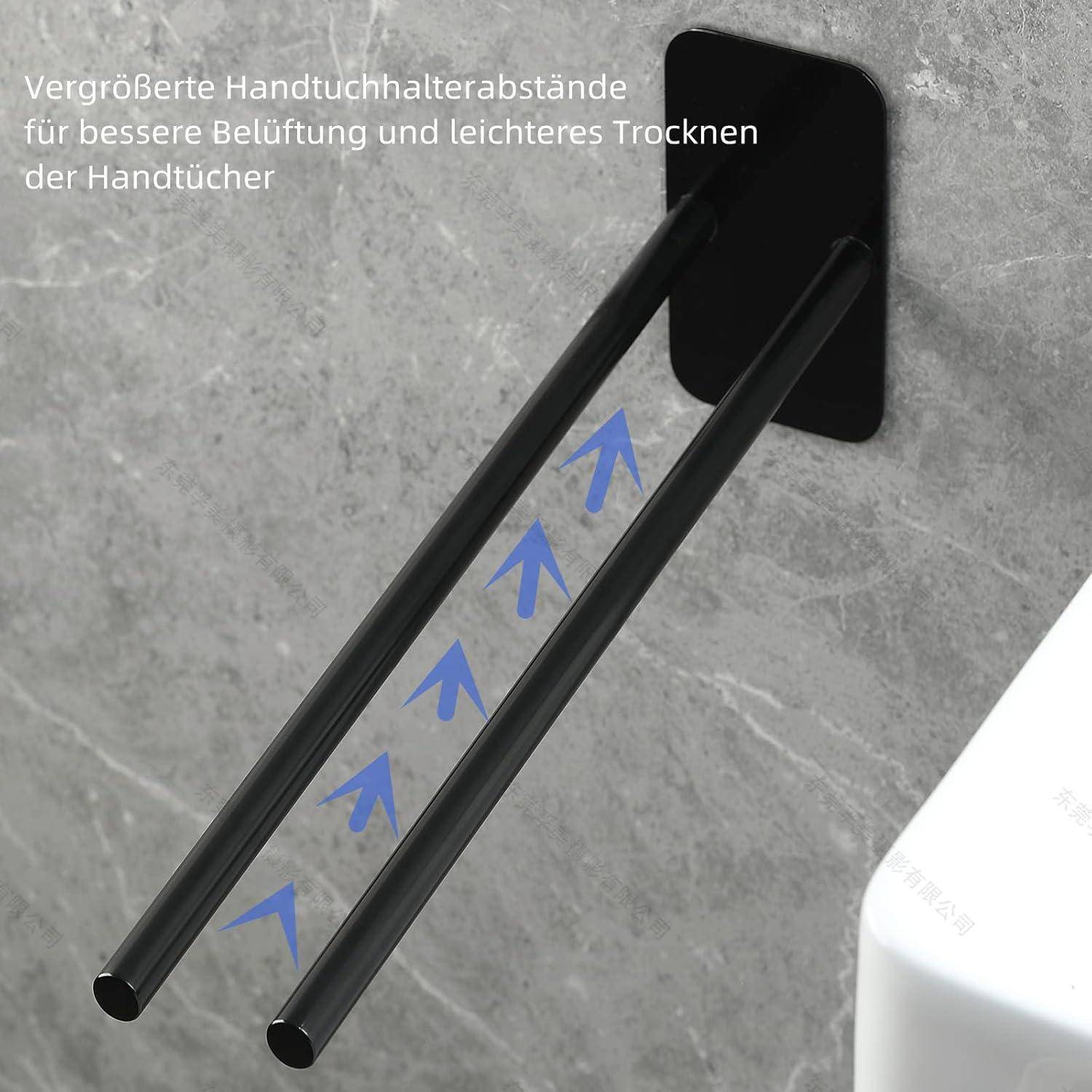 Wandmontierter Handtuchhalter mit zwei ausgefahrenen Stangen, von der Seite dargestellt. Blaue Pfeile darunter zeigen verbesserte Belüftung zum Trocknen. Text auf Deutsch beschreibt optimierte Handtuchabstände für besseres Trocknen.