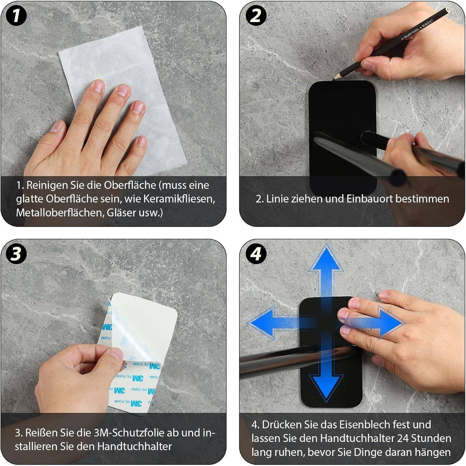 Schritte zur Installation: 1. Oberfläche reinigen (glatte Fliesen, Metall, Glas). 2. Linie für Halterung markieren. 3. Klebeschicht abziehen. 4. Drücken und 24 Stunden festhalten.