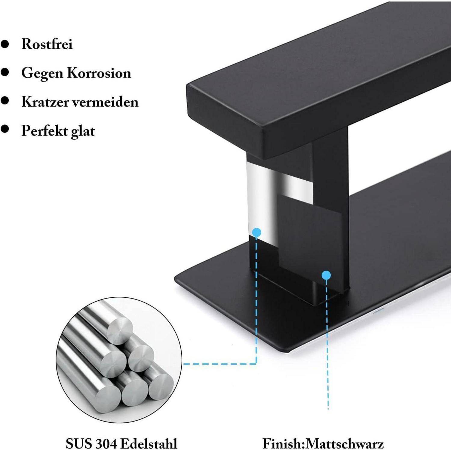 Ein modernes schwarzes Hardware-Stück, beworben als rostfrei und korrosionsbeständig, hergestellt aus SUS 304 Edelstahl mit matter schwarzer Beschichtung.