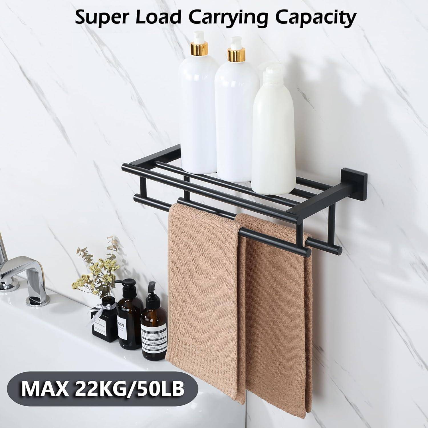 Wandmontiertes Badablage-Regal mit Flaschen und Handtüchern, das eine ‚Super Traglast' mit einer maximalen Belastbarkeit von 22 kg/50 lb hervorhebt.