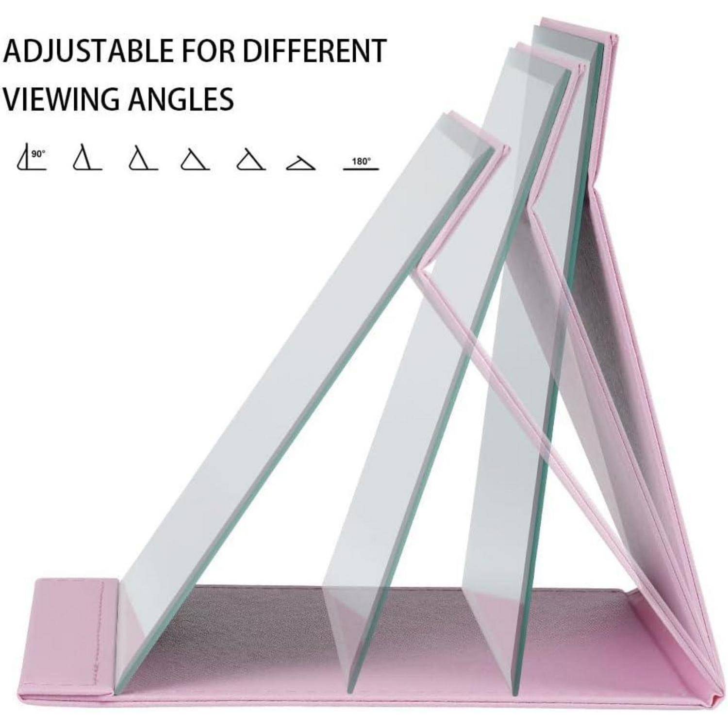 Verstellbarer Tablet-Ständer mit drei Blickwinkeln: 60°, 70° und 180°. Rosa Abdeckung mit transparenten Panels, die die Winkeloptionen anzeigen.