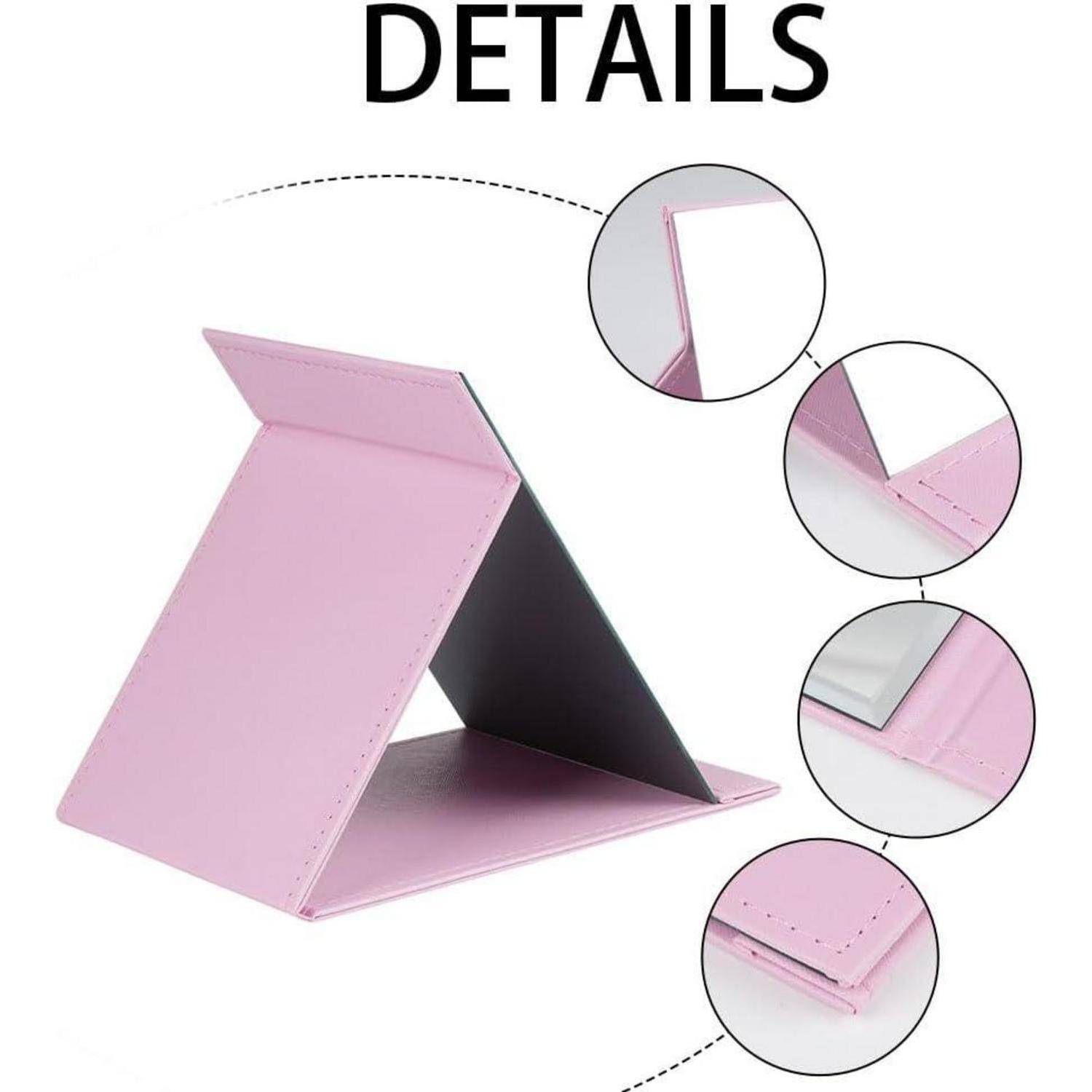 Die 'Details' heben die faltbare Ledertasche in Rosa hervor und zeigen verschiedene Perspektiven: Ecke, Scharnier und Innenfutter für eine bessere Visualisierung.