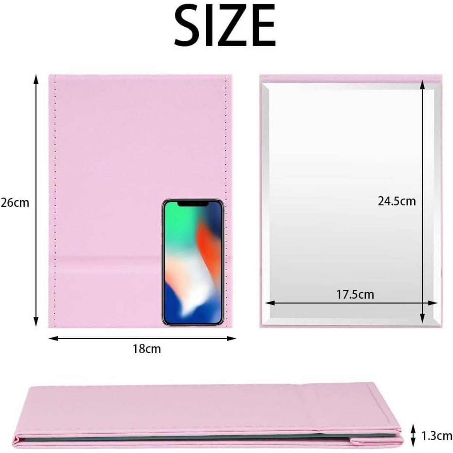 Pinker Notizbuch Abmessungen: 26 cm hoch, 18 cm breit, 1,3 cm dick. Innenspiegel-Größe: 24,5 cm x 17,5 cm. Kompatibel mit Smartphones.