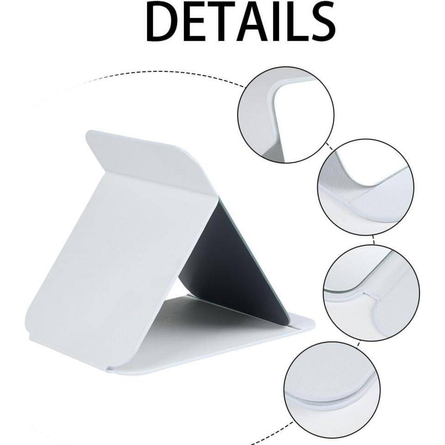 Ein weißer, faltbarer Ständer wird gezeigt, mit Detailaufnahmen, die seine Ecken, Gelenke und Materialtextur hervorheben und betonen.