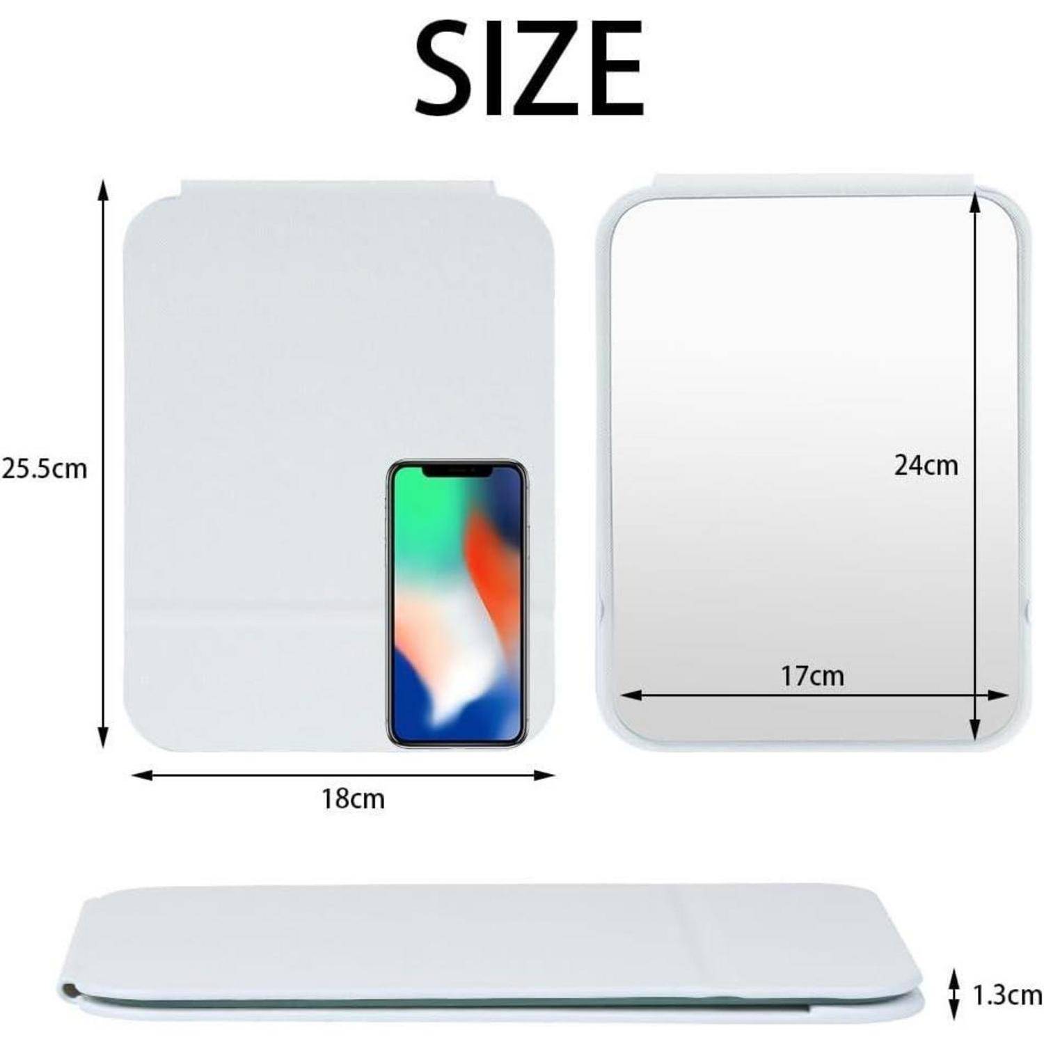 Größenvergleichsanleitung: Ein rechteckiges Objekt wird in drei verschiedenen Winkeln gezeigt. Abmessungen: 25,5 cm x 18 cm, 24 cm x 17 cm und eine Dicke von 1,3 cm. Ein Smartphone wird zum Größenvergleich dargestellt.