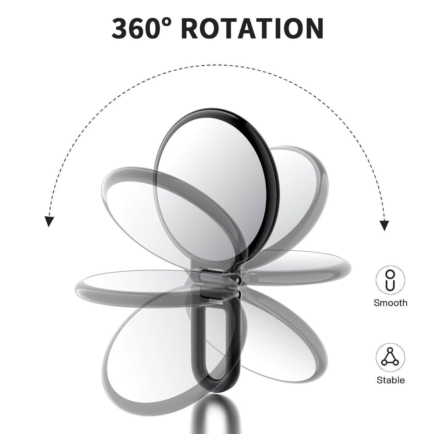 Ein Spiegel, der eine 360-Grad-Rotationsfunktion präsentiert, mit Illustrationen seiner gleichmäßigen und stabilen Rotation in verschiedenen Richtungen.