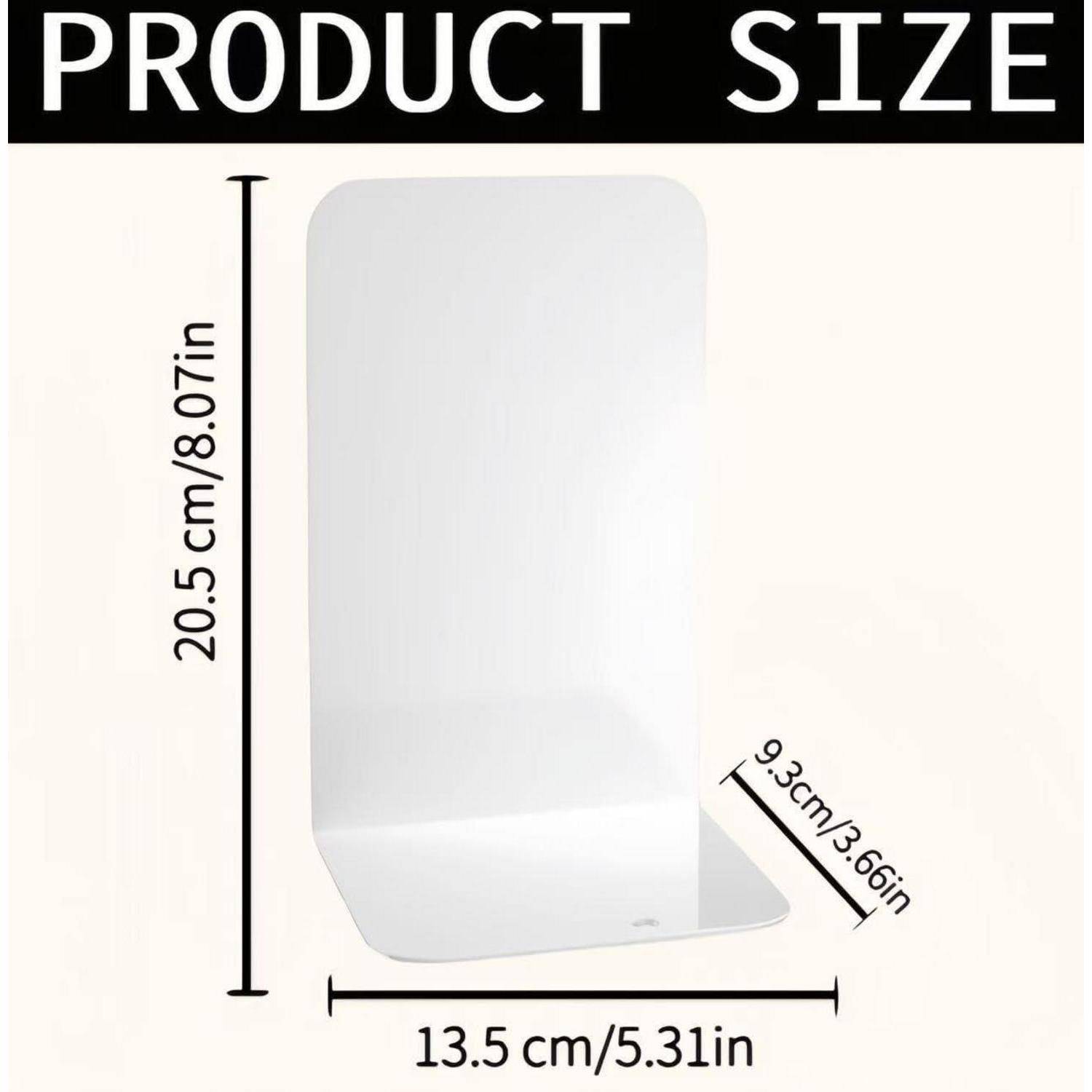 Produktgröße': Ein weißer, vertikaler L-förmiger Ständer. Abmessungen sind 20,5 cm/8,07 in hoch, 13,5 cm/5,31 in breit und 9,3 cm/3,66 in tief.