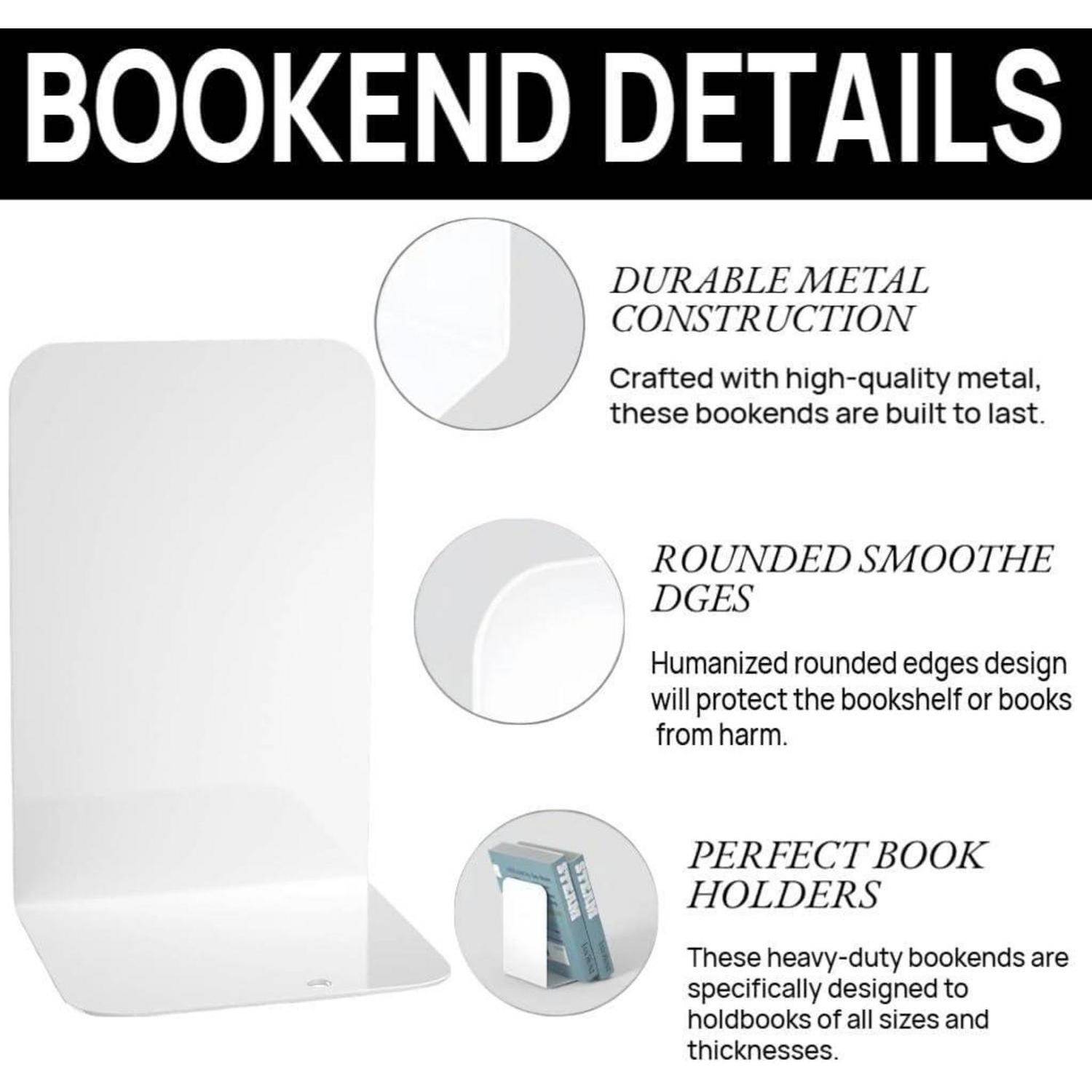 Buchstützen Details': Robuste Metallkonstruktion, abgerundete glatte Kanten und perfekte Buchhalter zum Schutz und Halten von Büchern aller Größen.