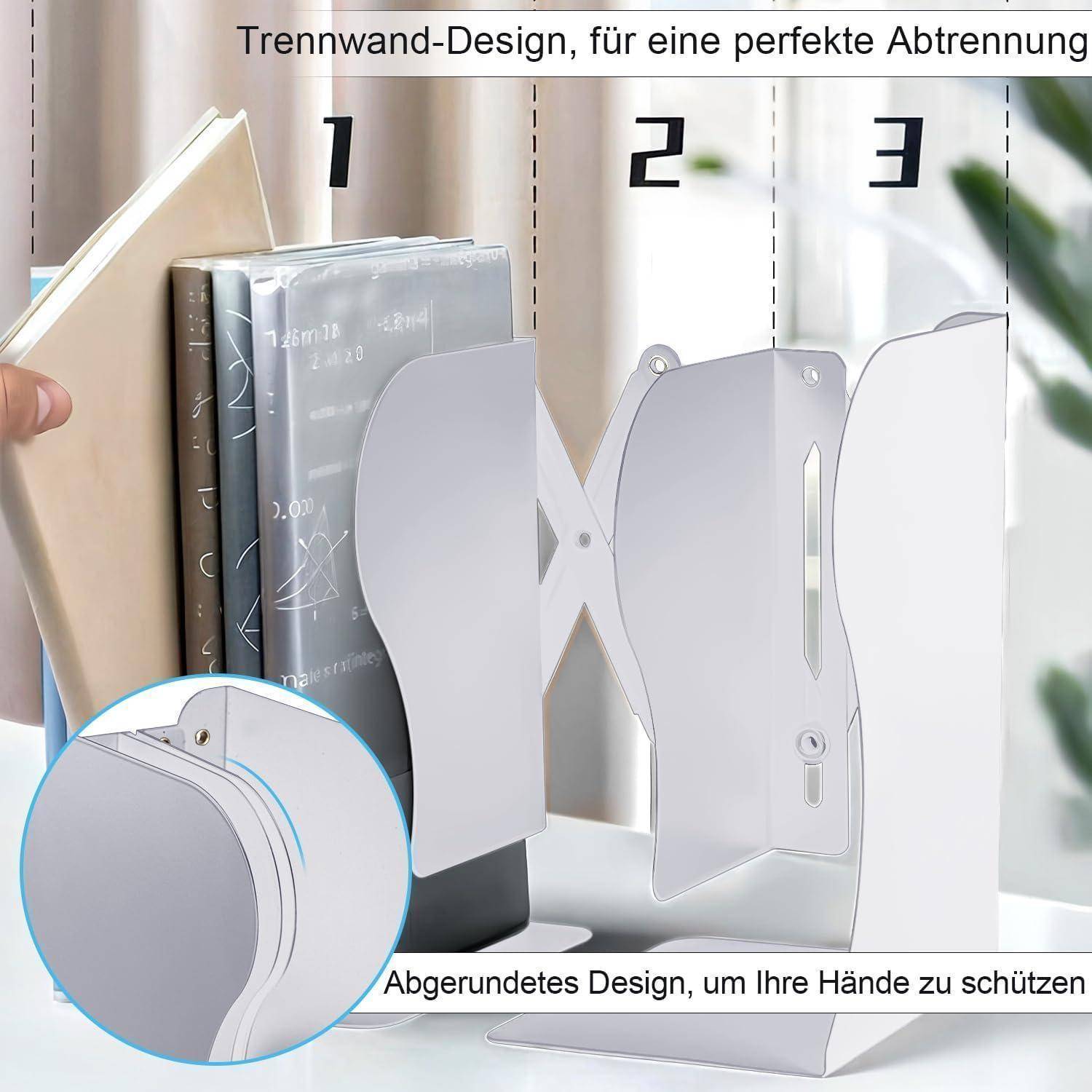 Ein weißer Schreibtisch-Organizer mit Fächern, die mit '1', '2' und '3' beschriftet sind, konzipiert zum Aufbewahren von Büchern oder Akten. Ausgestattet mit einer abgerundeten Form für mehr Sicherheit.