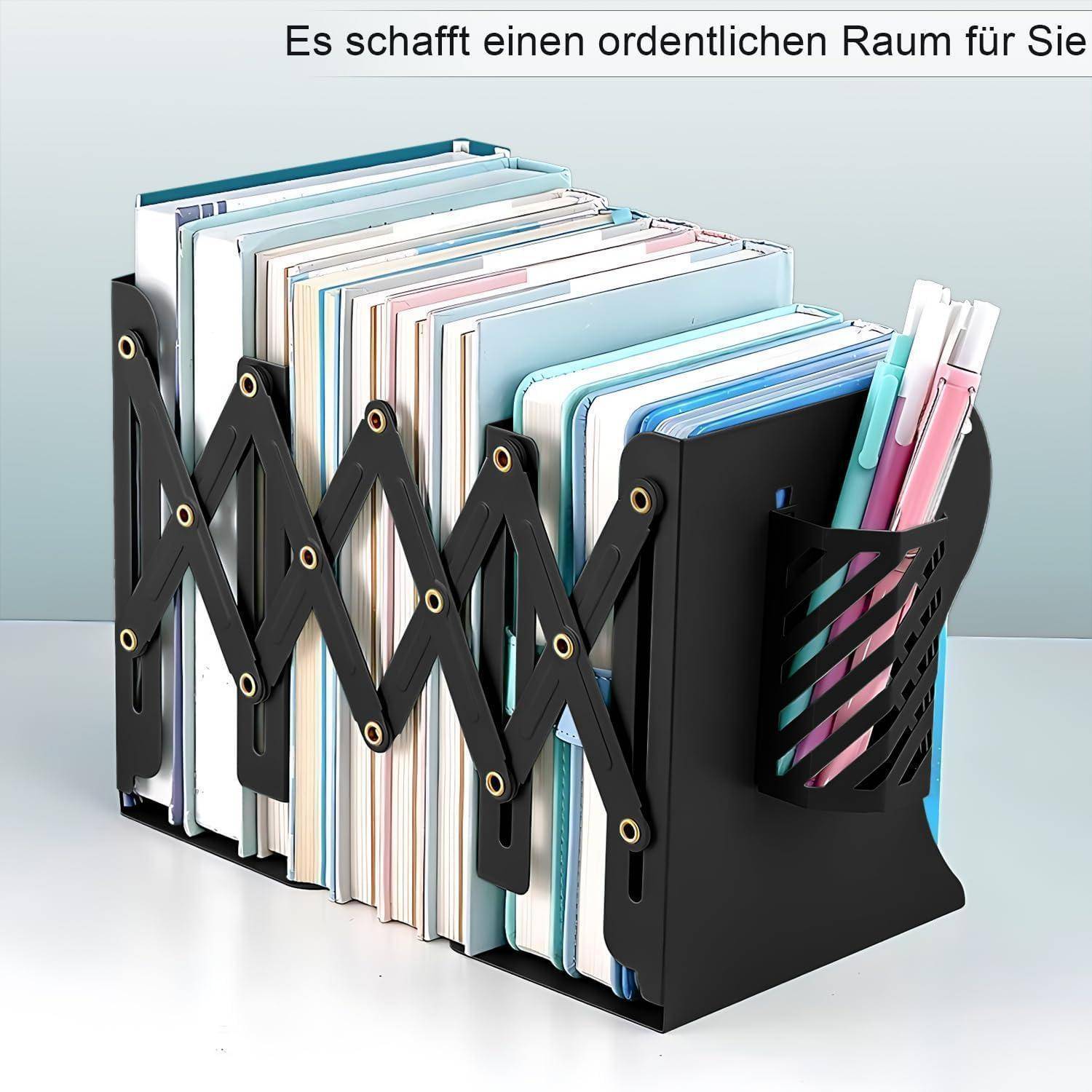 Ausziehbare schwarze Buchstütze, die Bücher und Notizbücher verschiedener Größen hält, mit einem Stifthalter an der Seite