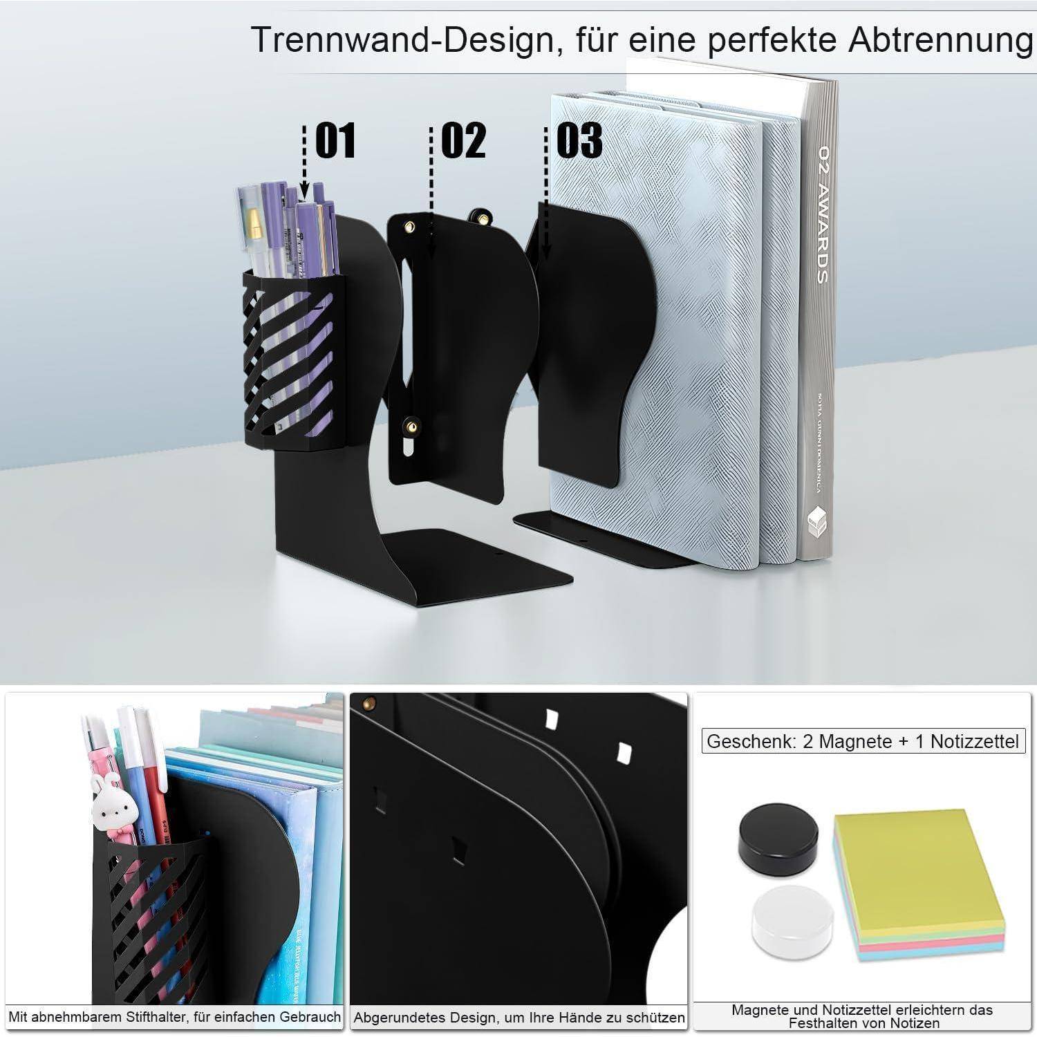 Trennwand-Design, für eine perfekte Abtrennung' Foto, das drei schwarze Trennwände zeigt, die von 01 bis 03 nummeriert sind und Büromaterialien halten.
