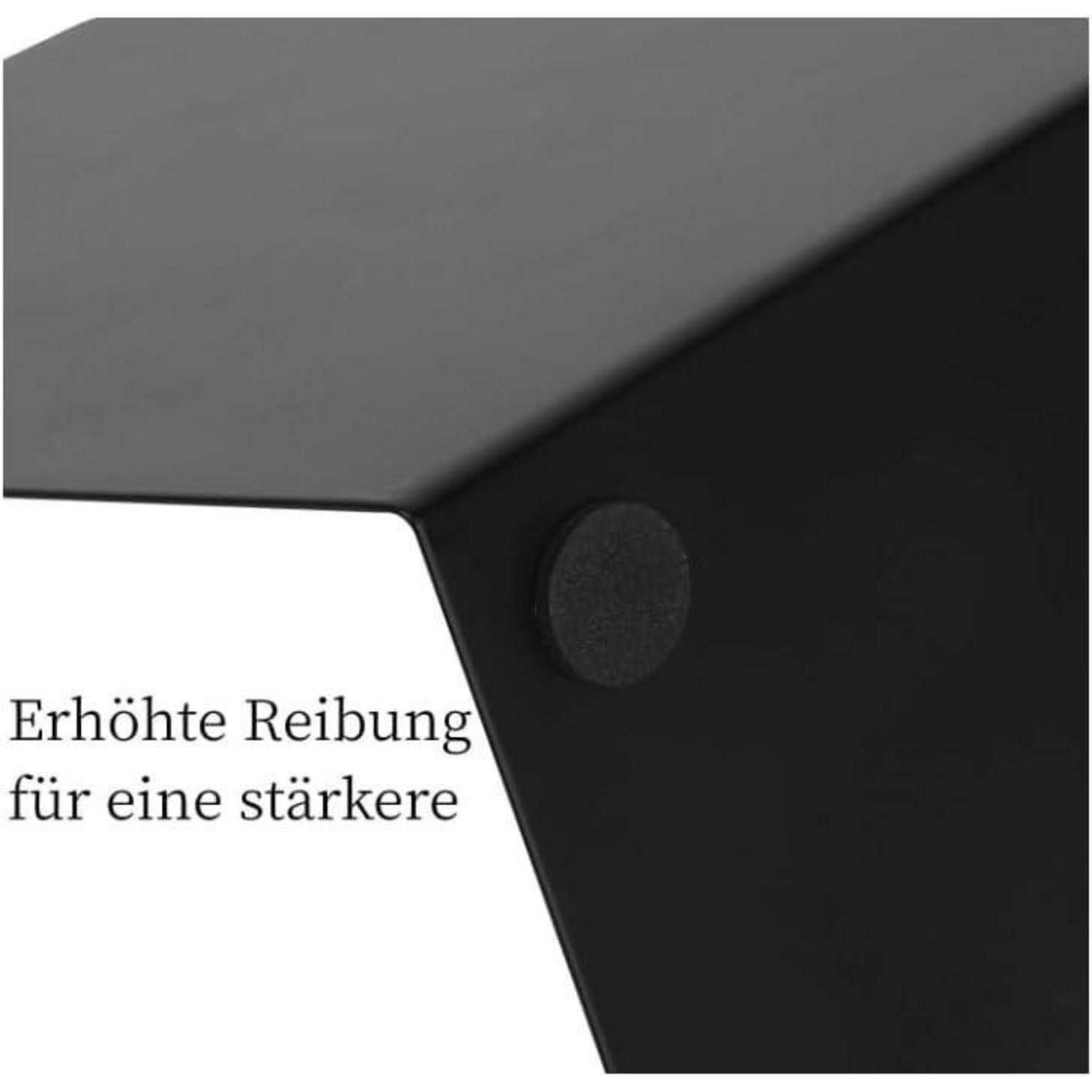Das Bild zeigt die Ecke einer schwarzen Metalloberfläche mit einem Filzpolster auf der Unterseite. Der deutsche Text lautet: 'Erhöhte Reibung für eine stärkere'.