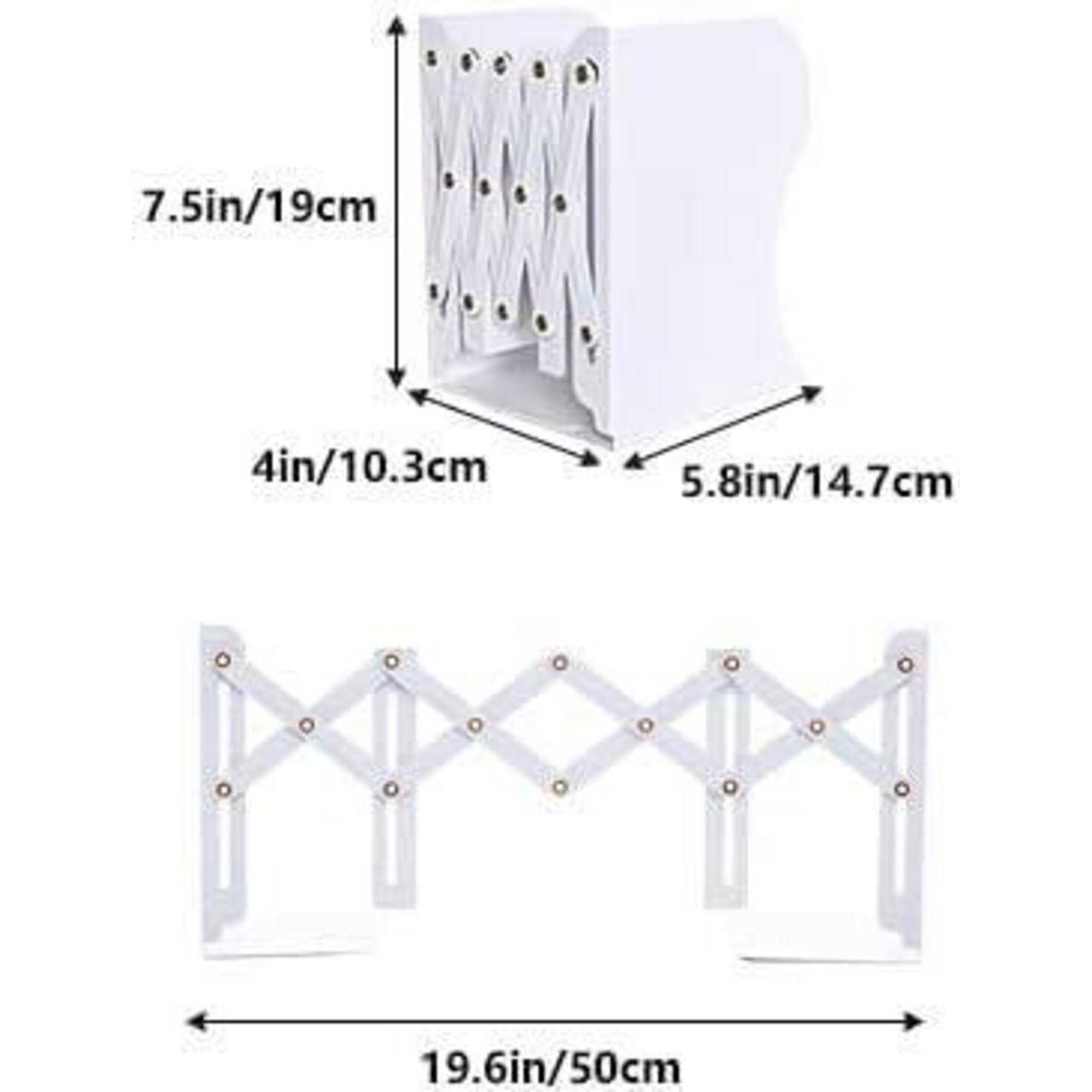 Ausziehbares Gestell mit Abmessungen: zusammengeklappt 7,5 Zoll (19 cm) Höhe, 4 Zoll (10,3 cm) Breite und 5,8 Zoll (14,7 cm) Tiefe; ausgezogen bis 19,6 Zoll (50 cm).
