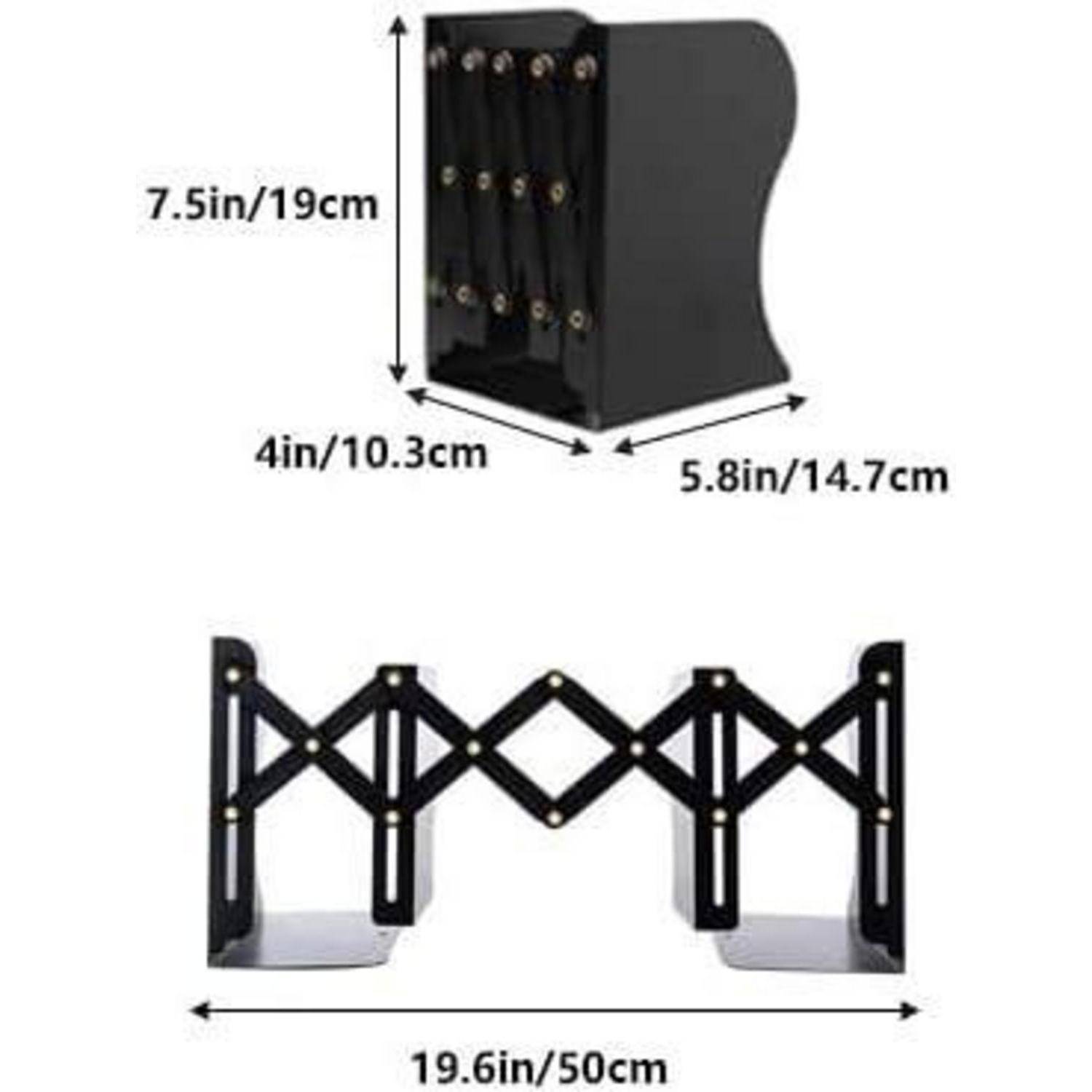 Ausziehbarer schwarzer Buchstütze mit Abmessungen: 7,5 Zoll/19 cm Höhe, 5,8 Zoll/14,7 cm Breite, 4 Zoll/10,3 cm Tiefe, ausziehbar bis 19,6 Zoll/50 cm.