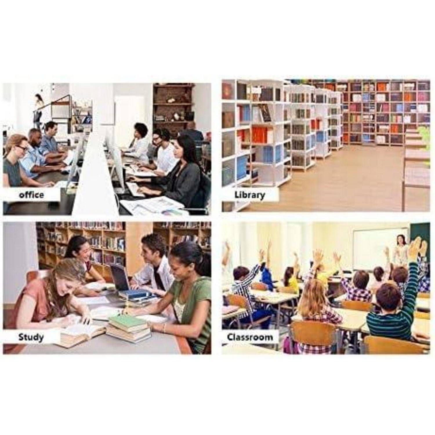 Vier Bilder zeigen verschiedene Bildungsumgebungen: Ein Büro mit Menschen, die an Computern arbeiten, eine Bibliothek mit Bücherregalen, ein Lernbereich mit Studenten und Laptops sowie ein Klassenzimmer, in dem Schüler ihre Hände heben.