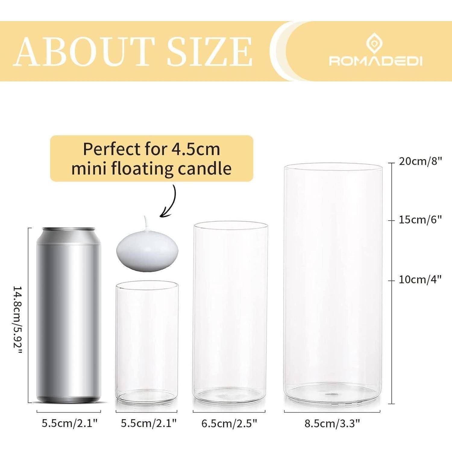 Größenführer zur Auswahl von vier Glaszylinder-Optionen für 4,5 cm Mini-Schwimmkerzen: Durchmesser von 5,5 cm, 6,5 cm, 8,5 cm mit entsprechenden Höhen.