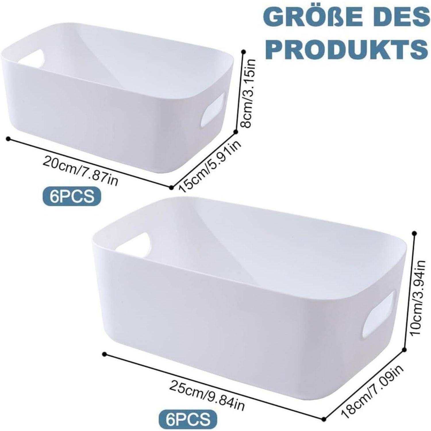 Zwei weiße rechteckige Aufbewahrungskörbe mit Griffen werden gezeigt. Eine misst 20x15x8 cm, der andere 25x18x10 cm, beide mit der Beschriftung „6PCS