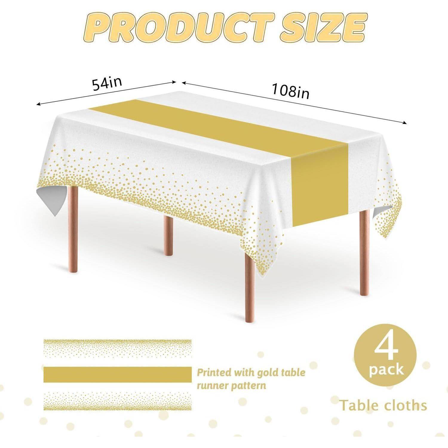 Tisch mit einem gold-weißen Tuch, das einen goldenen Läufermuster aufweist. Text besagt: 'Produktgröße 54 x 108 cm, 4er-Pack Tischdecken'.