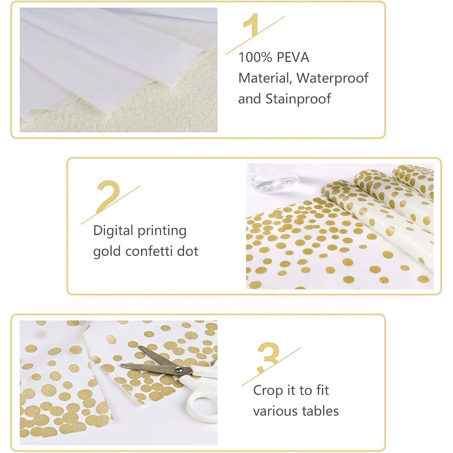 1. 100% PEVA-Material, wasserdicht und fleckenabweisend' zeigt weißen Stoff. '2. Digitaldruck goldene Konfetti-Punkte' präsentiert goldene Punkte auf Weiß. '3. Zuschneiden für verschiedene Tische' illustriert eine Schere, die den Stoff schneidet.