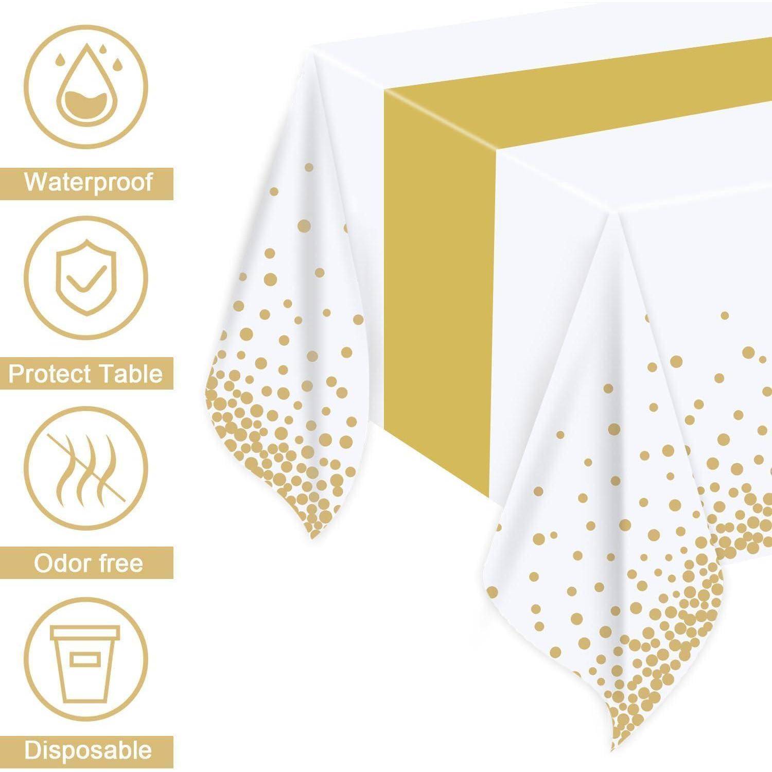 Ein weißes Tischdeckchen mit goldenen Punkten an den Kanten ausgestellt. Icons auf der linken Seite vermitteln 'Wasserdicht', 'Tisch schützen', 'Geruchsdicht', 'Einweg'.