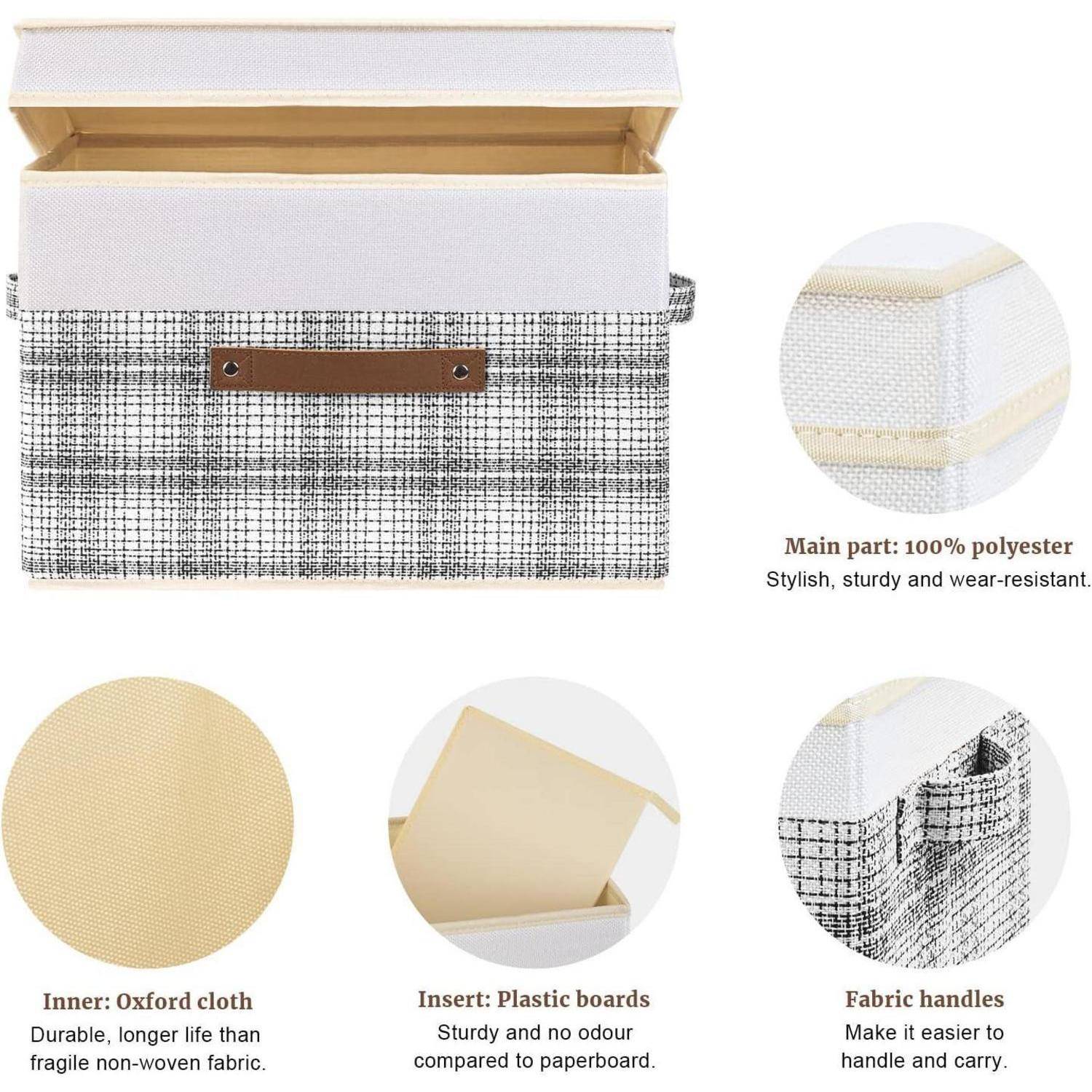 Aufbewahrungsbox mit offener Deckelklappe, Stoffmaterial präsentiert. Wichtigste Merkmale im Detail: Polyester-Hauptteil, Oxford-Stoff-Innenseite, robuster Kunststoffeinsatz und Stoffgriffe für einfaches Tragen.